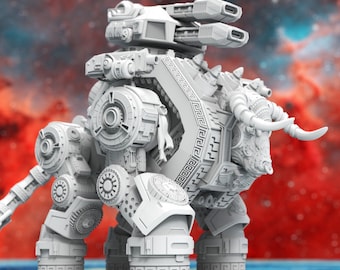 Könnte beinhalten: Ein weißes 3D-gedrucktes Modell eines futuristischen mechanischen Stiers mit einem detaillierten Design. Der Stier hat einen großen, runden Kopf mit Hörnern und einen detaillierten Körper mit Zahnrädern und anderen mechanischen Elementen. Der Stier steht auf einem weißen Sockel.