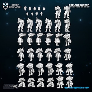 Op de afbeelding: Een set van 30 voorgestuurde 3D-geprinte miniaturen van futuristische soldaten in verschillende poses, met wapens in de hand. De miniaturen zijn wit en compatibel met 28 mm regels. De tekst "DEN OF IMAGINATION" en "PRE-SUPPORTED" is zichtbaar bovenaan de afbeelding.