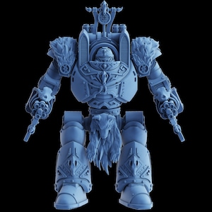 May include: A blue and grey plastic miniature of a robot with a furry skirt and a weapon in each hand. The robot has a helmet and a detailed design.