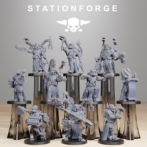 May include: A set of ten grey plastic miniature figures of sci-fi characters with various weapons and tools. The figures are standing on black bases and are arranged in a row. The figures are all wearing hooded robes and have mechanical parts attached to their bodies. The figures are from the Stationforge brand.