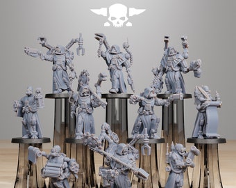 May include: A set of ten grey plastic miniature figures of sci-fi characters with various weapons and tools. The figures are standing on black bases and are arranged in a row. The figures are all wearing hooded robes and have mechanical parts attached to their bodies. The figures are from the Stationforge brand.