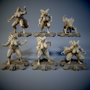 May include: Six detailed miniature figures of humanoid creatures with reptilian features, each standing on a separate base with skull-like details. The figures are posed in dynamic stances, showcasing their muscular forms and sharp claws.