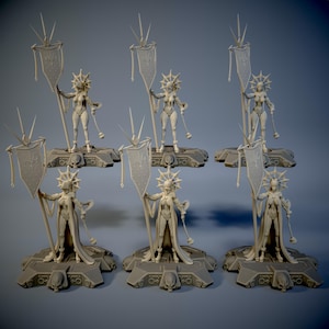 May include: Six miniature figures of women holding flags with a sun design. The figures are standing on bases with skulls and other details. The figures are painted in a light brown color.
