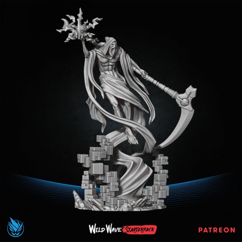 May include: A 3D printed miniature of a skeletal figure in a flowing robe, holding a scythe and a glowing orb. The figure stands on a base of broken stone blocks.