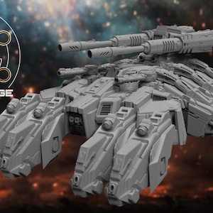 May include: A gray, detailed, futuristic tank with multiple cannons and articulated legs. The tank is set against a dark, starry background.