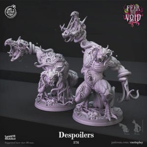 May include: Two light purple monster figurines labelled A and B, featuring intricate organic textures, horns, and tentacle-like appendages. The text "Fear the Void" and "Despoilers" is visible, along with a suggested base size of 50 mm.