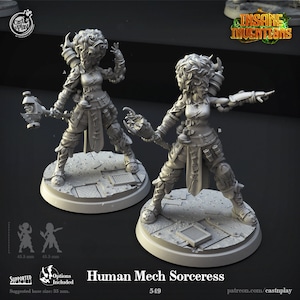 May include: A 3D printed miniature of a female human mech sorceress with a mechanical arm and a staff. The miniature is posed in a dynamic stance with one leg forward and the other leg back. The miniature is painted in a grey colour and has a detailed design. The miniature is standing on a circular base with a textured surface. The miniature is part of the "Insane Inventions" line of miniatures.