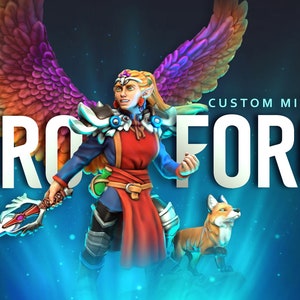 May include: A custom miniature of a female figure with wings, holding a sword with flames, and a fox companion. The figure is wearing a red and blue outfit with gold accents. The background features a blue and white gradient with the text "HERO FORGE CUSTOM MINIATURES".