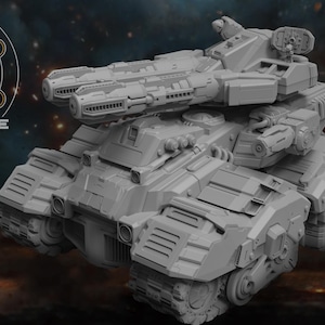 May include: A gray, detailed model of a futuristic tank with two large cannons on top. The tank has a complex design with many intricate details. The model is made of plastic and is ready to be painted.