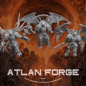 May include: Five grey 3D printed miniature figures of winged, armored warriors. The figures are posed in dynamic stances and feature intricate details. The figures are set against a blurry background of orange and brown.