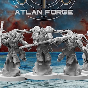 May include: Five grey miniature figures, each on a circular base, are depicted. The figures are heavily armoured and armed. The background shows a space-themed design with the text "ATLAN FORGE".