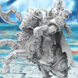 May include: A white, detailed miniature of a warrior riding a mechanical horse. The warrior is wearing a helmet with horns and a cape. The horse has a large axe and a gun.