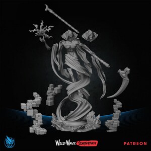 May include: A 3D printed miniature of a skeletal figure in a flowing robe, holding a scythe and a staff. The figure is standing on a rocky base. The miniature is part of a Wild Wave Starterpack.