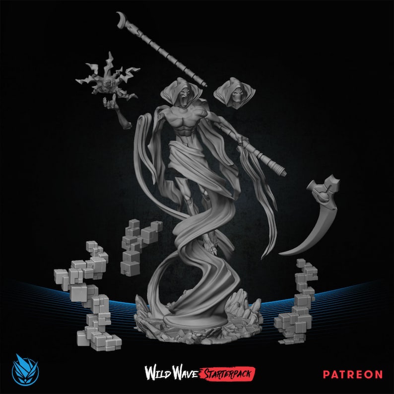 May include: A 3D printed miniature of a skeletal figure in a flowing robe, holding a scythe and a staff. The figure is standing on a rocky base. The miniature is part of a Wild Wave Starterpack.