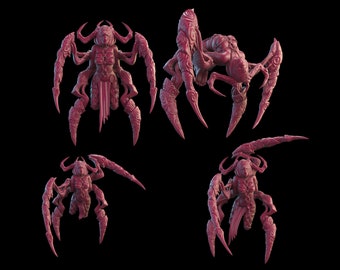 May include: Four detailed, pink, 3D printed figurines of a creature with a human-like torso and multiple spider-like legs. The creature has a crown of horns and a long, flowing skirt.