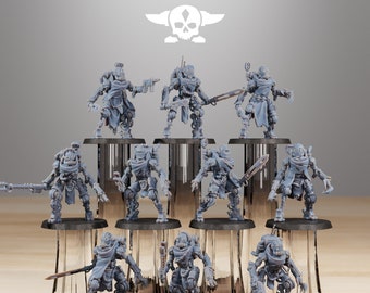 May include: A set of nine gray plastic miniature robots with various poses and weapons. The robots are standing on black bases and are arranged in a circle. The robots are all wearing different armor and weapons. The robots are all part of a set called "Stationforge".