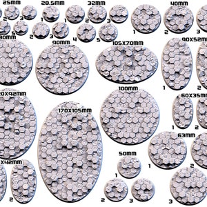 May include: A set of 14 round and oval-shaped miniature bases for tabletop gaming. The bases are made of a textured, gray material and feature a hexagonal pattern. The bases range in size from 25mm to 170mm.