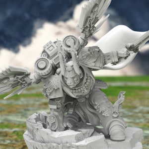 May include: A white, detailed, miniature figurine of a winged warrior with a sword and a cape. The warrior is standing on a rocky base.