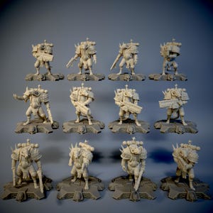 Könnte beinhalten: Eine Sammlung von zwölf beigefarbenen Miniaturfiguren gepanzerter Krieger, jede auf einer grauen Plattform mit Schädeldetails. Die Figuren befinden sich in verschiedenen Posen, einige halten Waffen, andere haben die Arme erhoben, und alle haben detaillierte Rüstungen.