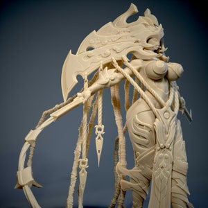 Puede incluir: Una detallada figura de guerrera femenina impresa en 3D, de color beige, con una armadura intrincada y un hacha grande. La guerrera tiene el pelo largo y fluido y una expresión feroz.