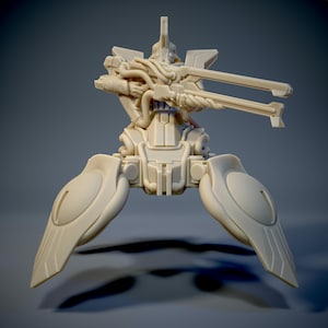 May include: A beige, articulated, robotic figure with a large, detailed weapon. The figure has two large, rounded legs and a complex, mechanical torso.