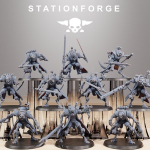 May include: A set of ten gray plastic miniature figures with intricate details, posed in various action stances. The figures are holding weapons and are set against a gray background. The text "STATIONFORGE" is displayed at the top of the image.