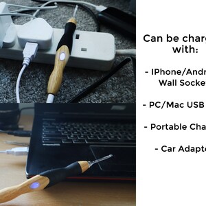 May include: A wooden and black electric nail drill with a white light on the end. The drill is plugged into a wall outlet and a laptop. Text on the image reads: "Can be charged with: - IPhone/Android Wall Socket - PC/Mac USB Port - Portable Charger - Car Adapter"