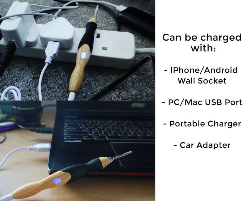 May include: A wooden and black electric nail drill with a white light on the end. The drill is plugged into a wall outlet and a laptop. Text on the image reads: "Can be charged with: - IPhone/Android Wall Socket - PC/Mac USB Port - Portable Charger - Car Adapter"