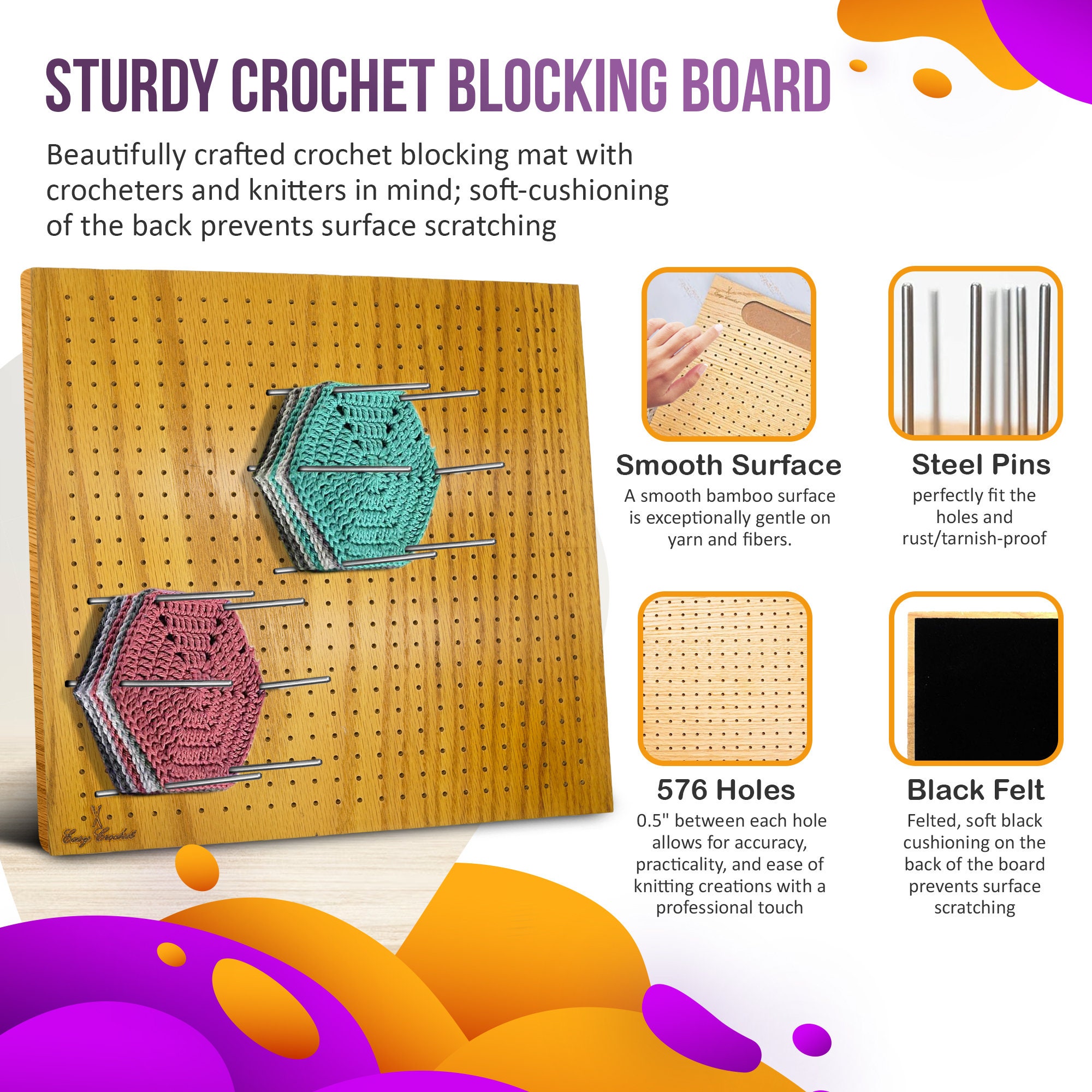 Easy Crochet Blocking Boards for Knitting and Crochet Wooden Blocking Mat  With 20 Stainless Steel Pins and Pin Holder 13 X 13 Inches 