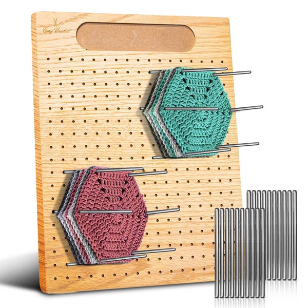 Easy Crochet Blocking Boards for Knitting and Crochet - Wooden Blocking Mat with 20 Stainless Steel Pins and Pin Holder - 11 x 9 Inches