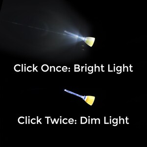 May include: A yellow and blue brush with a bright light at the tip. The text "Click Once: Bright Light" is below the brush. The text "Click Twice: Dim Light" is below the second brush.