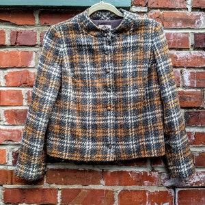 Vintage 1960&#39;s Lanz Originals grey and orange plaid wool jacket and skirt set