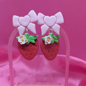 Strawberry Dangle Earrings: Polymer Clay Bow Studs, Kawaii Cottagecore