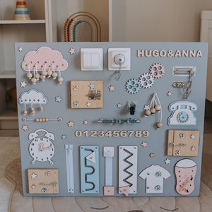 Personalized Busy Board for toddler, Fast Shipping, Activity Board, Toddler Gift,Montessori Board,Developing Board, 1st Birthday Gift Pink & Blue