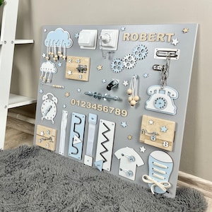 Tavola sensoriale per il 1° compleanno, tavola fidget, tavola occupata Montessori, puzzle con nome, regalo personalizzato, tavola attività