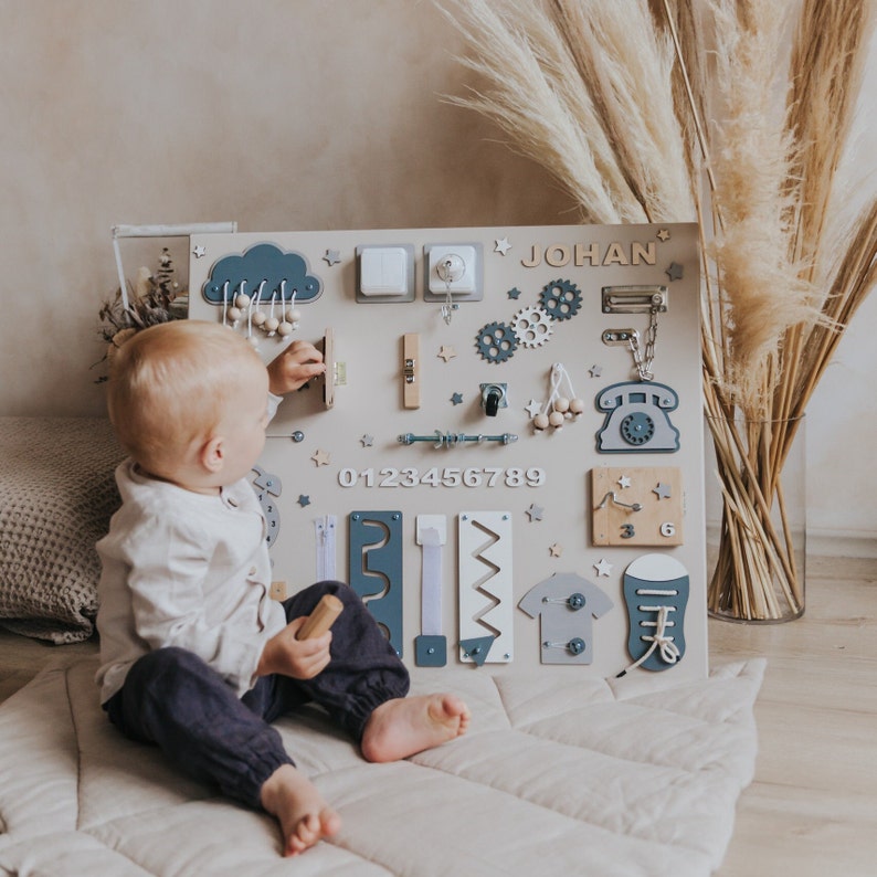 Personalized Busy Board, Developing Board, 1st Birthday Gift, Busy Board for toddler, Busy board 1 year old, Montessori Board image 1