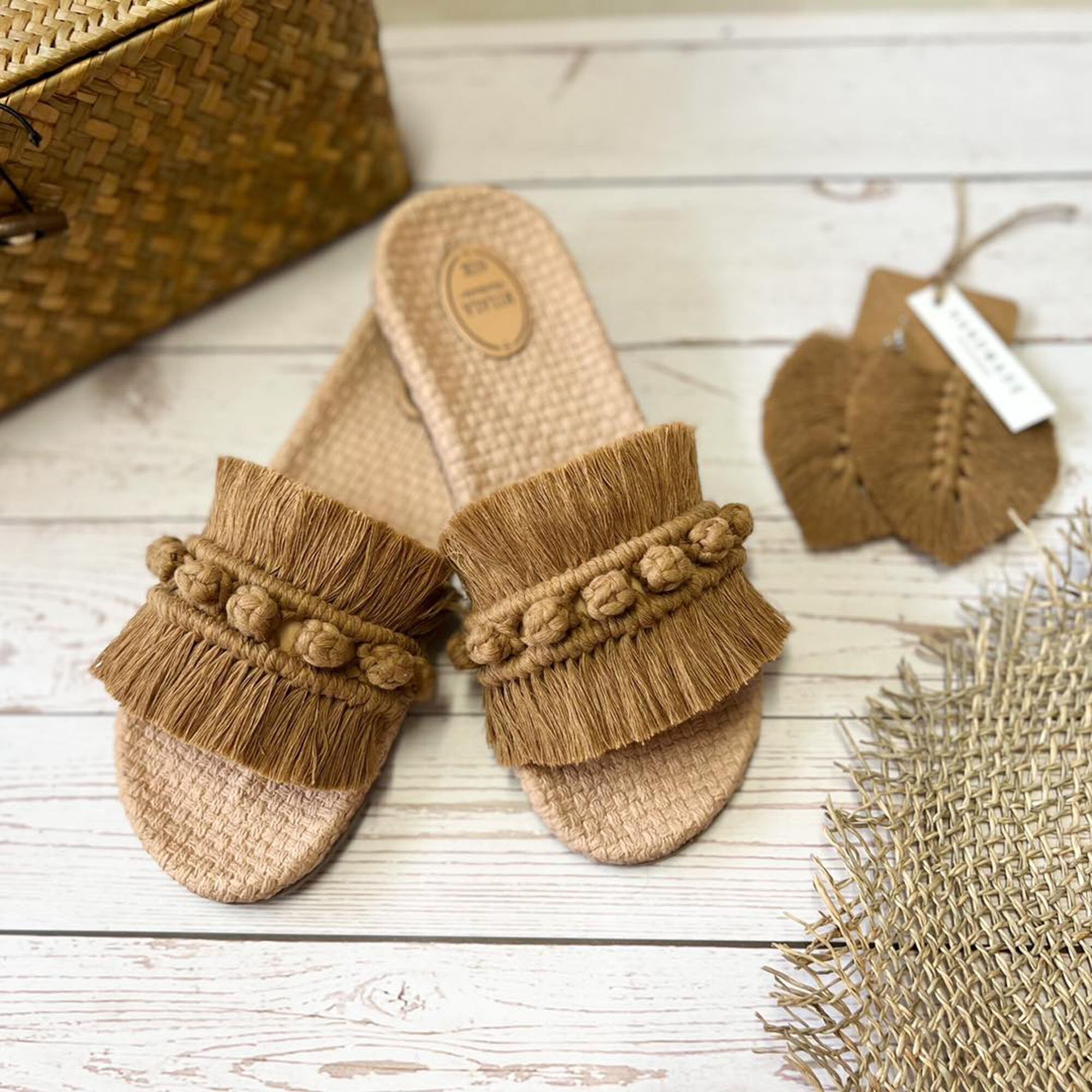 Handmade Macrame Sandals Slide Sandals Slippers Frayed BEIGE