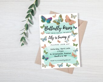 Butterfly Birthday Party Invitation, Watercolor Design (Digital Download)