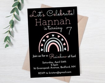 Rainbow Birthday Party Invitation, Boho Rainbow Invitation, Rainbow heart Invitation, Girls Party, Rainbow Birthday,Digital Rainbow Evite