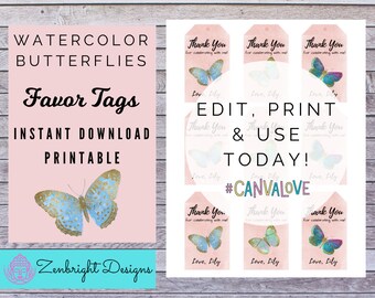 Editable Butterfly Favor Tags, Girls Butterfly Birthday Party, Goodie Bag, Printable, Instant Download, Digital Download, thank you