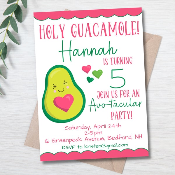 Avocado Birthday Party Invitation, Kids Avocado Invitation, Kawaii Avocado Party, Holy Guacamole, Editable Avocado Invite, Fiesta Party