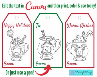 Coloring Christmas Gift Tags, Kids Cocoa Gift Tags, Gift Tags to Color, Printable Christmas Gift tags, Christmas gift labels for kids,