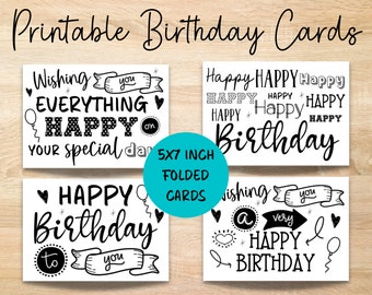 Cartões de aniversário para impressão, conjunto de 4 cartões de aniversário para impressão, cartões para impressão de feliz aniversário, cartão de aniversário para impressão, pacote de cartões de aniversário