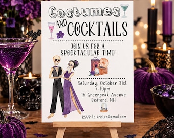 May include: A white Halloween party invitation card on a wooden easel featuring the text Costumes and Cocktails, Join us for a spooktacular time, Saturday, October 31st, 7-10pm, 16 Greenpeak Avenue, Bedford, NH, and RSVP to kristen@gmail.com with skeleton illustrations.