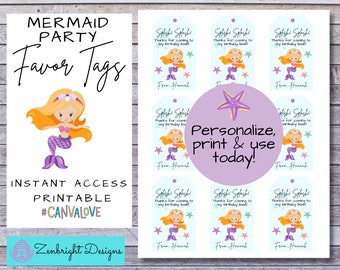 Mermaid Party Favor Tags, Editable Birthday Printable (Digital)
