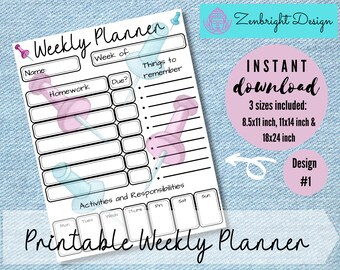 Planner, Kids Weekly School Planner, Kids Homework Planner, Back to School Printable, Kids Weekly Schedule, School Supplies