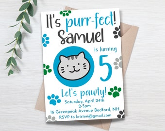 Kawaii Kitten Birthday Invitation, Cat Party (Digital Download)