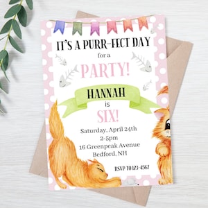 Editable Kitten Birthday Party Invitation, Purr-fect Day, Adopt a Kitten, Cat Party, Kitten Birthday, Cat Invitation, Kitten Invitation