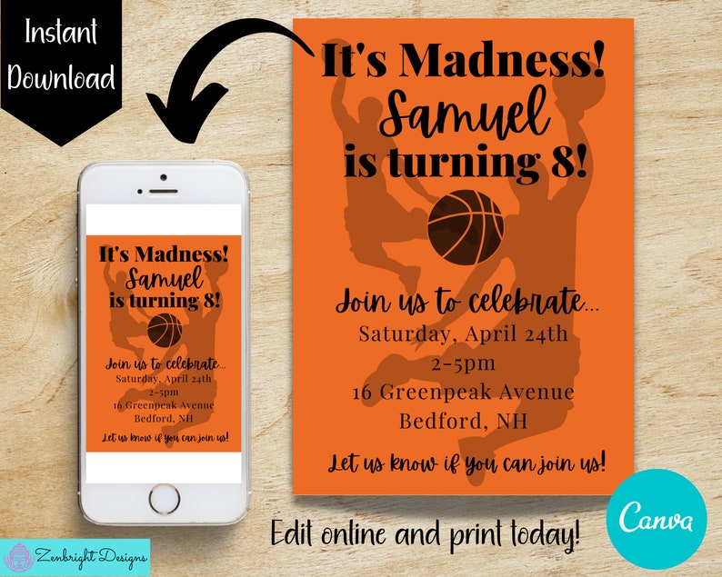 Basketball Party Invitation Editable Sports Party Invitation Kids Party Invitation Basketball Birthday Invitation March