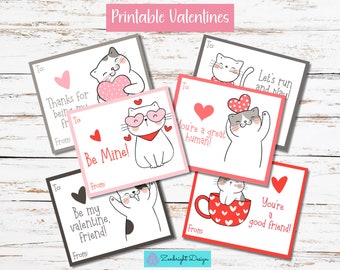 Könnte beinhalten: Druckbare Valentinstagskarten mit niedlichen Comic-Katzen mit verschiedenen Botschaften. Die Karten sind in verschiedenen Farben, darunter rosa, rot und grau. Der Text auf den Karten lautet "Be Mine!" "You're a great human!" und "Let's run and play!"